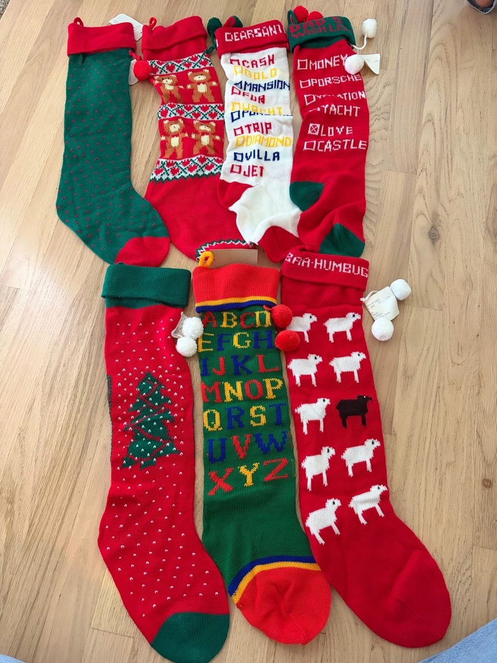 Vintage NEW Holiday Christmas Stockings Assorted Red & Green SET OF 7